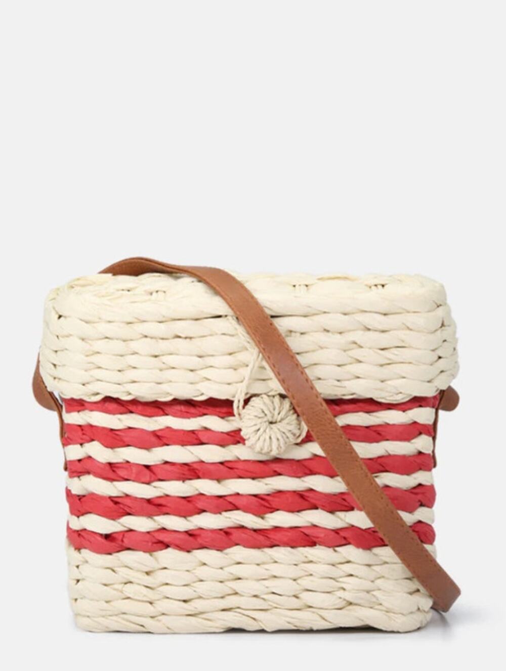 Forever 21 Paper Straw Sling Bag Cream with Red Button Loop Closure Lined